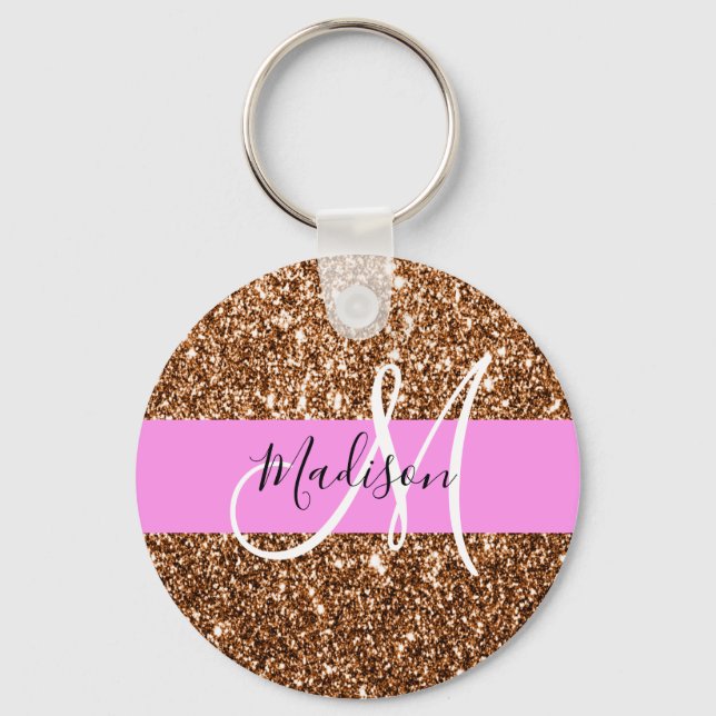 Porte-clés Glam Pink & Bronze Glitter Sparkles Monogram Name (Recto)