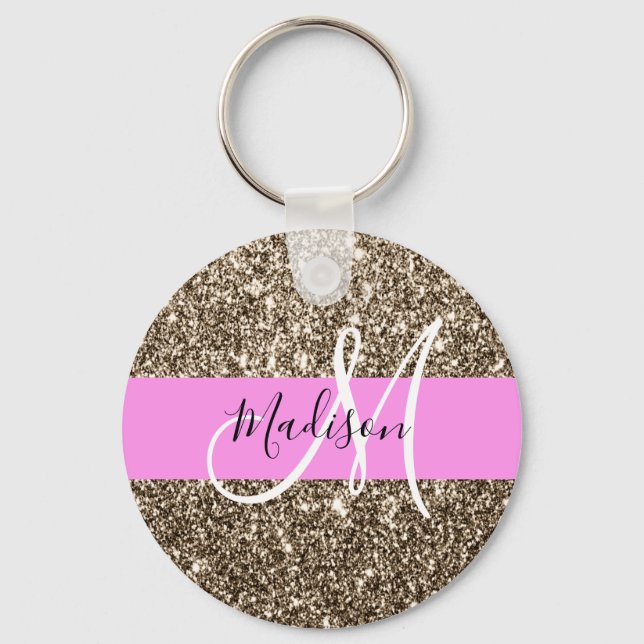 Porte-clés Glam Pink Champagne Gold Glitter Sparkle Monogram (Recto)