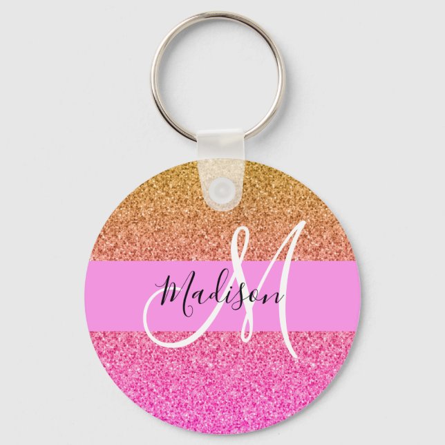Porte-clés Glam Pink & Gold Glitter Sparkle Gradient Monogram (Recto)