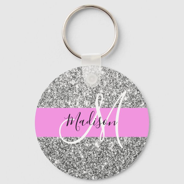 Porte-clés Glam Pink & Silver Glitter Sparkles Monogram Name (Recto)