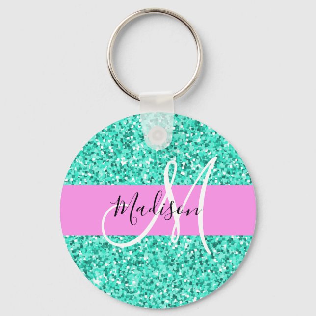 Porte-clés Glam Pink Turquoise Glitter Sparkles Monogram Name (Recto)