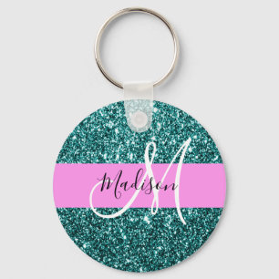 Porte-clés Glam Pink Turquoise Green Parties scintillant Nom 