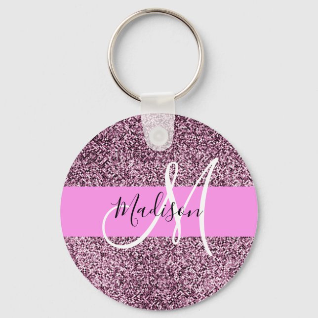 Porte-clés Glam Pink & Violet Glitter Sparkles Monogram Name (Recto)