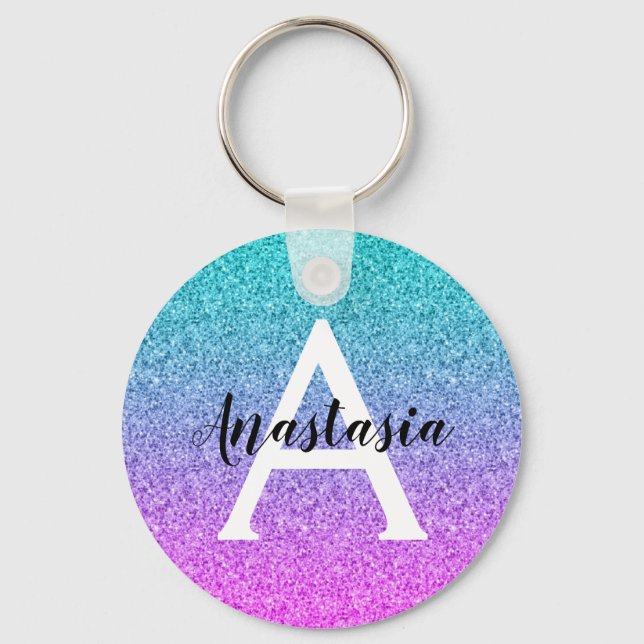 Porte-clés Glam Purple Aqua Glitter Sparkle Gradient Monogram (Recto)