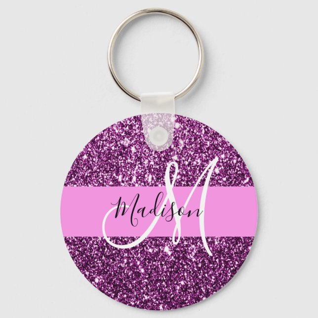 Porte-clés Glam Rose & Violet Pailletés Monogramme Nom (Recto)
