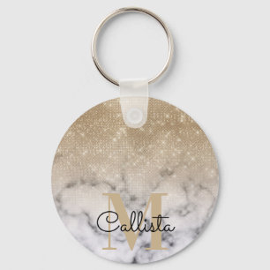 Porte-clés Glamorous Gold Glitter White Marble Ombre Monogram