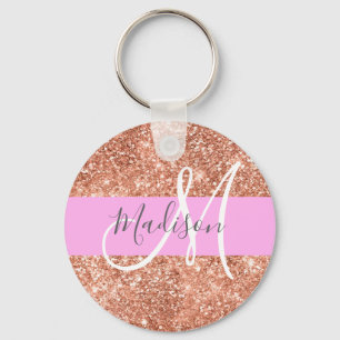 Porte-clés Glamour Féminin Rose Pêche Or Paillettes Monogramm