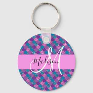 Porte-clés Glamour Violet Sirène Paillettes Monogramme Nom