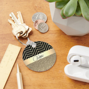 Porte-clés Glittery Gold et Black Chevron Personnalisé