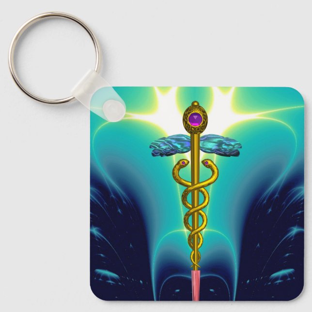 Porte-clés GOLD CADUCEUS MÉDICALE SYMBOLE Aqua Blue Turquoise (Recto)