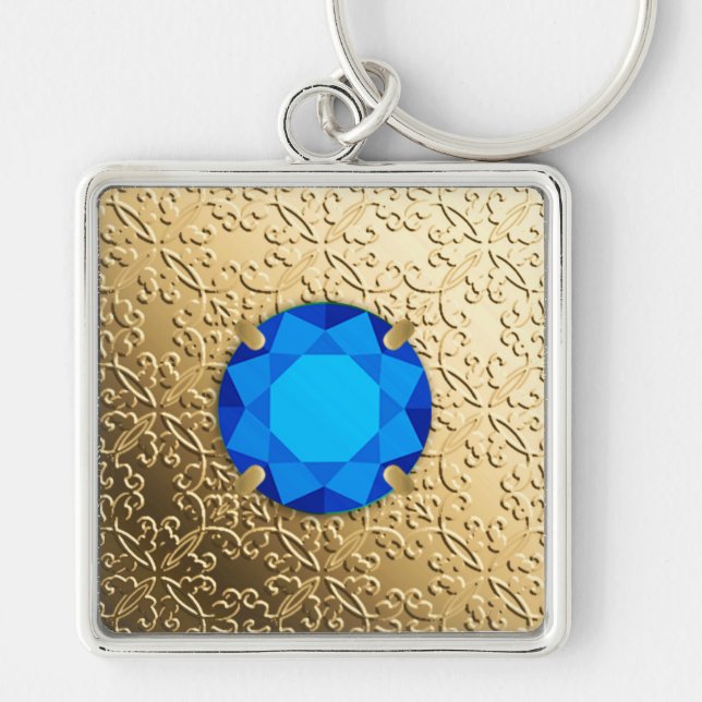 Porte-clés Gold Damask with a faux sapphire gemstone (Devant)