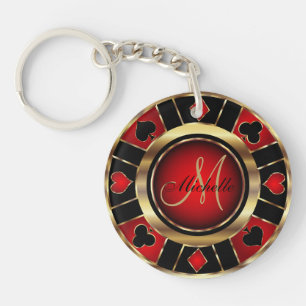 Porte-clés Gold et Red Poker Chip Design - Monogramme