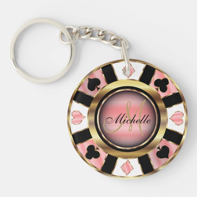 Porte-clés Gold et Rose Poker Chip Design - Monogramme (Devant)