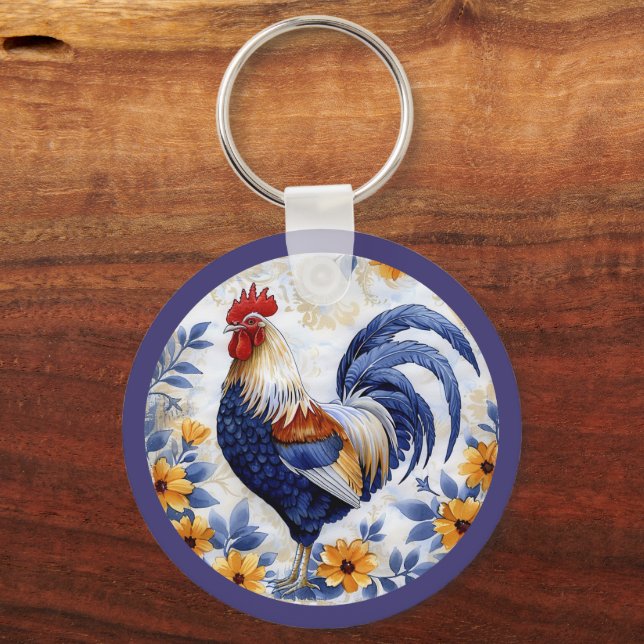 Porte-clés Gold Floral Blue Rooster Farmhouse (Recto)