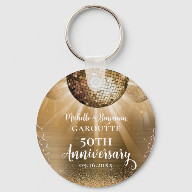 Porte-clés Gold Glam Disco Ball 50e anniversaire Mariage (Recto)