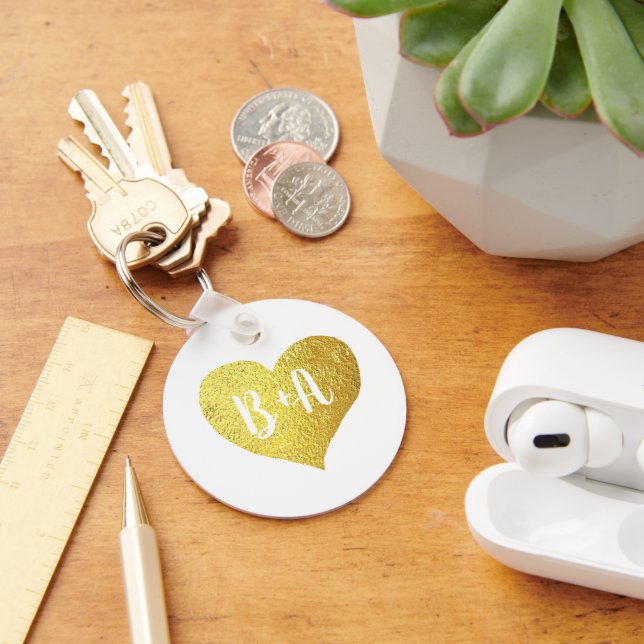 Porte-clés Gold Love Heart avec les initiales de mariée et de (Bureau)