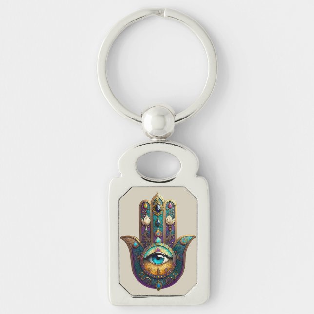 Porte-clés Gold Violet Teal Hamsa w/ Turquoise Third Eye (Devant)