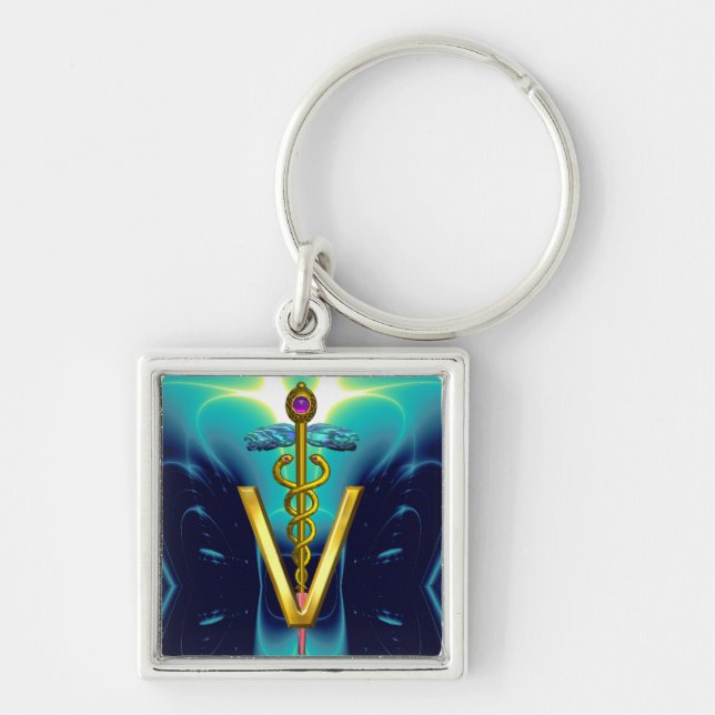 Porte-clés GOLDEN CADUCEUS VETERINARY SYMBOL Blue Turquoise (Devant)