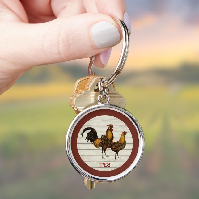 Porte-clés Golden Penciled Hamburg Roosters Maroon Monogram  (Créateur téléchargé)
