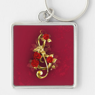 Porte-clés Golden Treble Clef avec fleurs Roses