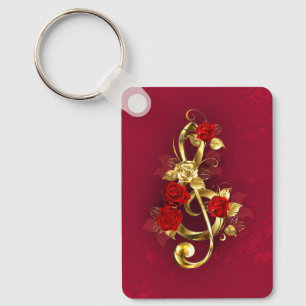 Porte-clés Golden Treble Clef avec fleurs Roses