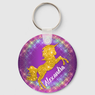 Porte-clés Golden Unicorn arc-en-ciel éclabousser violet