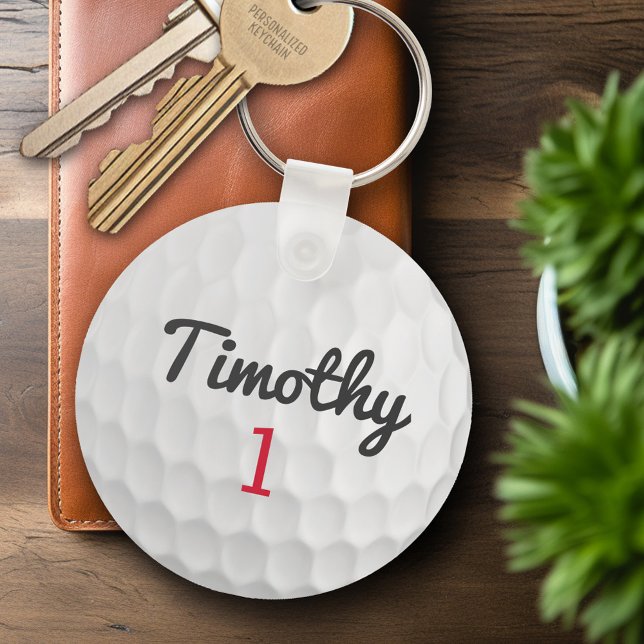 Porte-clés Golf Ball Dimples with Black Name Red Number (Personalized Keychain - Sports Golf Theme)