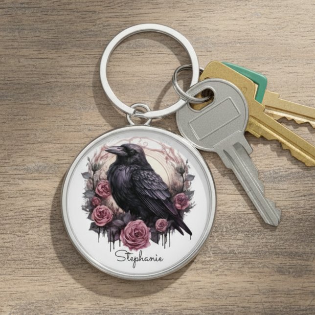 Porte-clés Gothique Corbeau Dark Academia Floral (Black raven with roses keychain)
