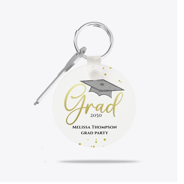 Porte-clés Graduate Grad Gold Graduation Script Party (Gold script graduate design on sleek black background for stylish graduation party favor.)