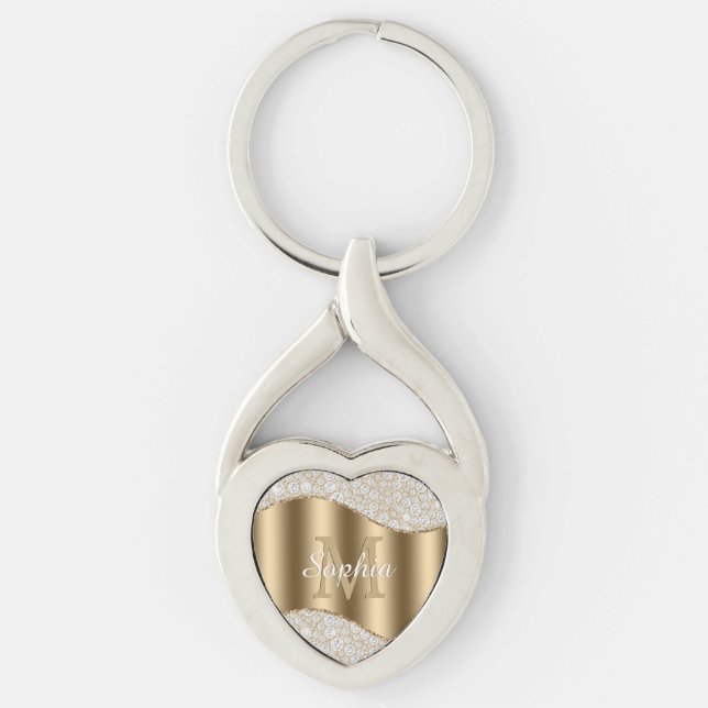 Porte-clés Grand Monogramme Doré, Nom en Écriture Blanche, Di (Devant)