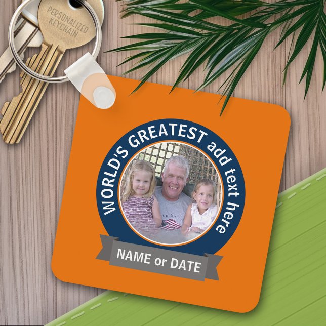 Porte-clés Grand papa du monde Photo orange bleu (Personalized keychain - add a photo and name)