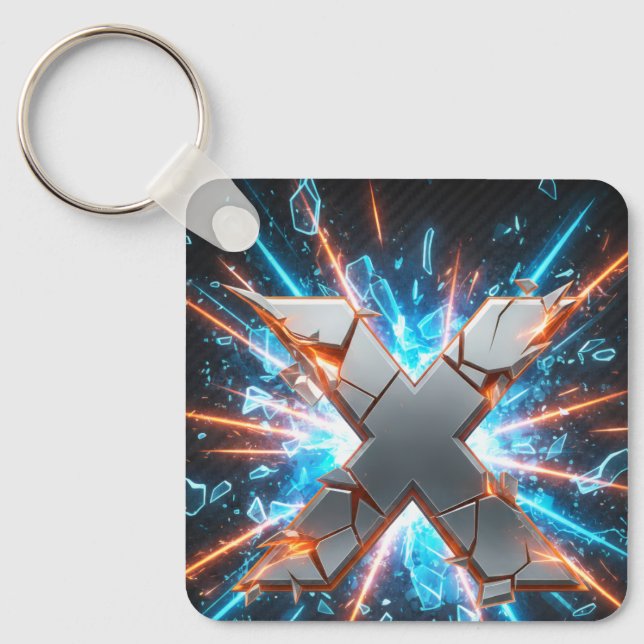 Porte-clés Graphique de jeu métallique "X" brisé cybernétique (Recto)