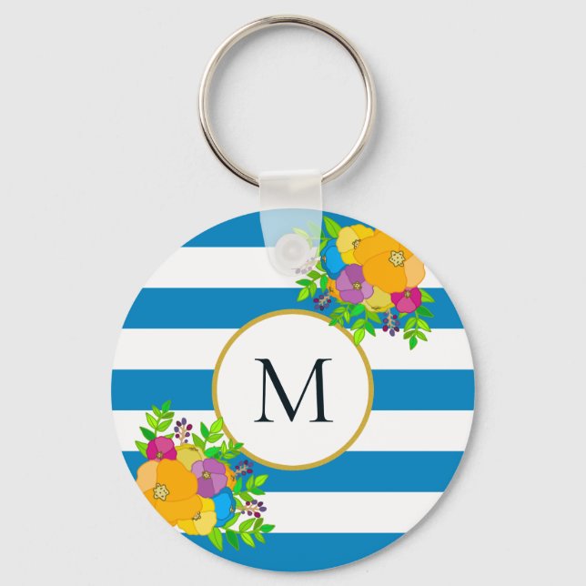 Porte-clés Gras Floral Tropical Bleu Blanc rayé Monogramme (Recto)