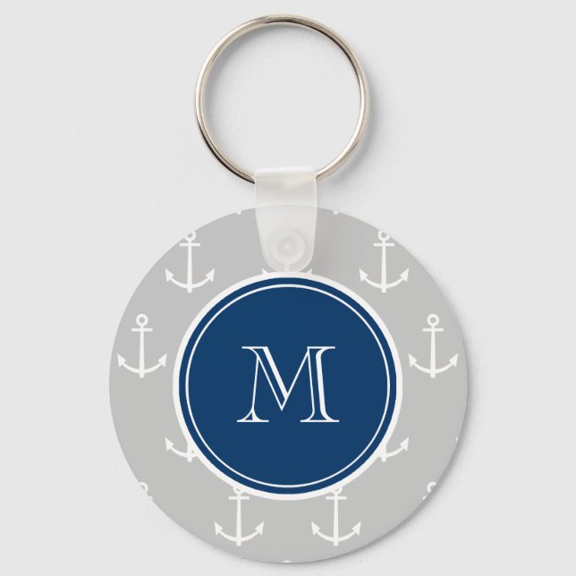 Porte-clés Gray White Anchors Pattern, Navy Blue Monogram (Recto)