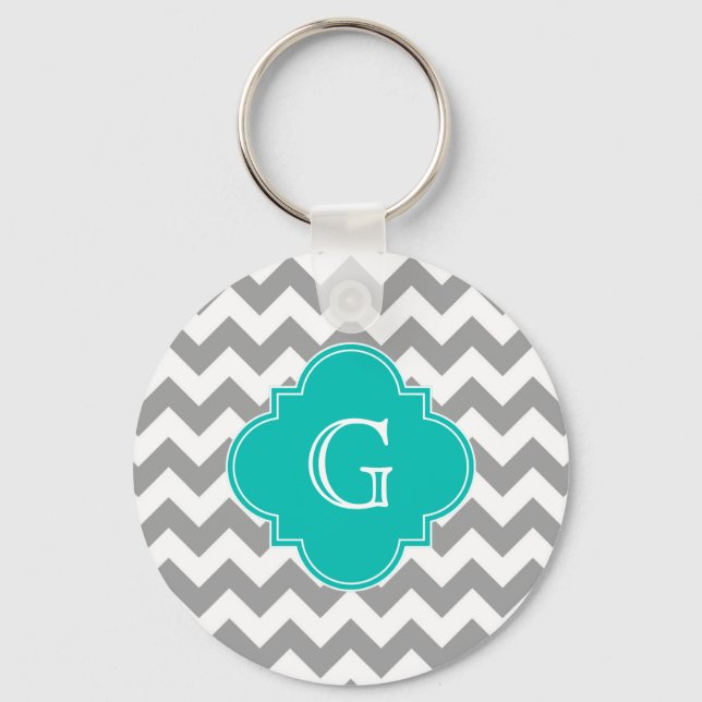 Porte-clés Gray Wht Chevron ZigZag Turquoise Quatrefoil Monog (Recto)
