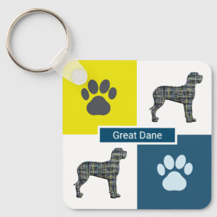 Porte-clés Great Dane Dog Silhouette & Paw Print Y&B Grid