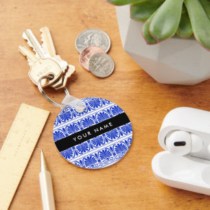 Porte-clés Grec Fret Arabesque Bleu, Votre Nom, Personnaliser