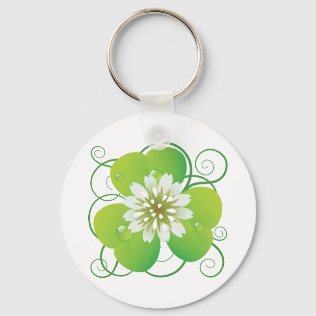 Porte-clés Green Four Leaf Clover with White Floral Bloom (Recto)