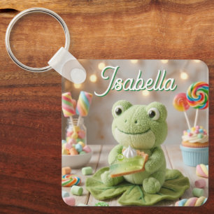Porte-clés Grenouille en peluche mignonne tenant une tarte au