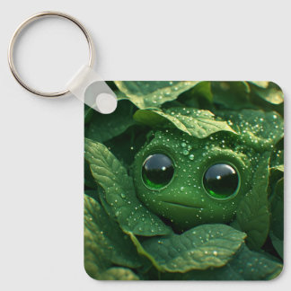 Porte-clés Grenouille verte mignonne cachée dans des feuilles