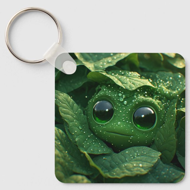 Porte-clés Grenouille verte mignonne cachée dans des feuilles (Recto)