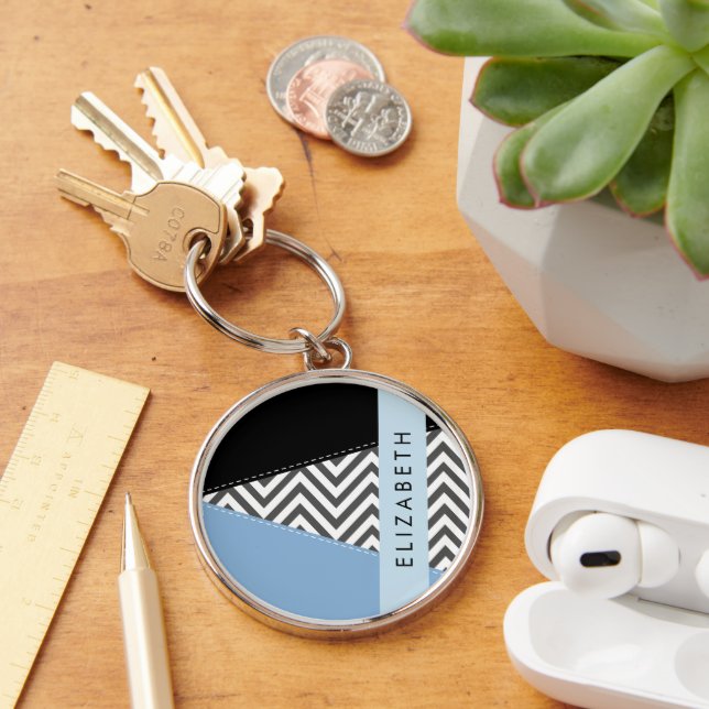 Porte-clés Grey Zigzag, Grey Chevron, Bleu, Votre Nom (Bureau)