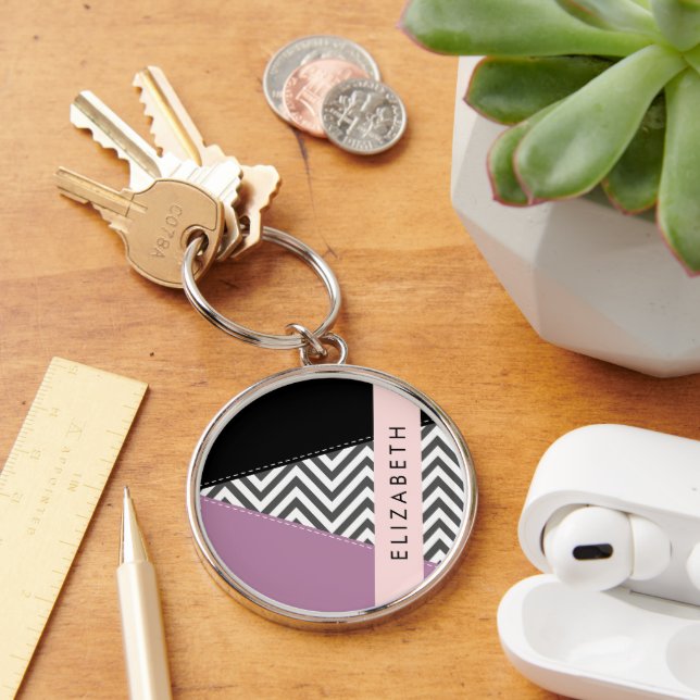 Porte-clés Grey Zigzag, Grey Chevron, Purple, Votre Nom (Bureau)