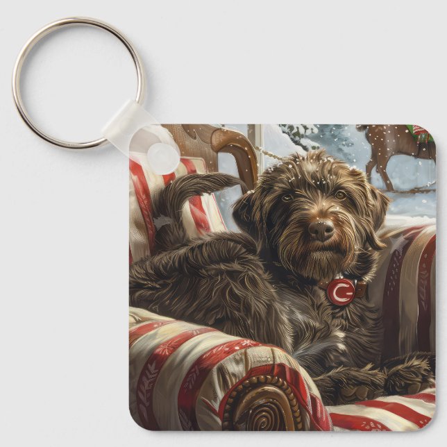 Porte-clés Griffon à poil dur de Korthals Noël Fête (Recto)