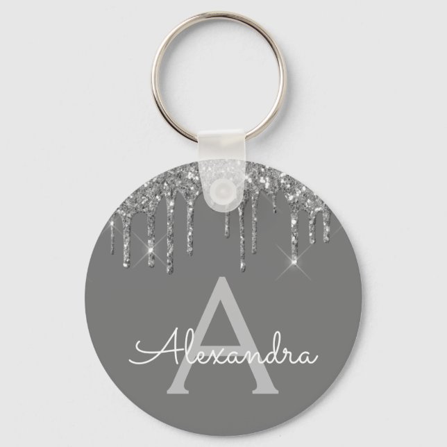 Porte-clés Gris Argenté Féminin Paillettes Monogramme (Recto)