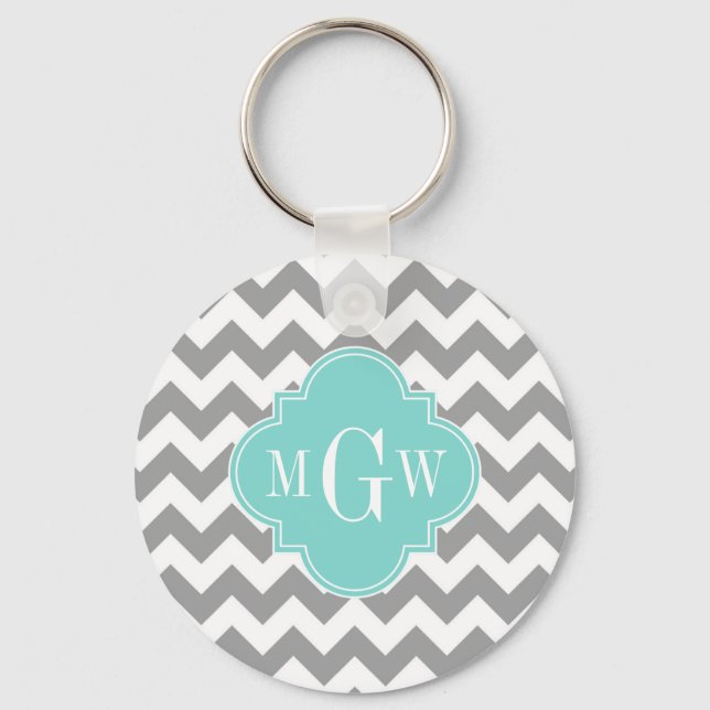 Porte-clés Gris Blanc Chevron Aqua Quatrefeuille 3 Monogramme (Recto)