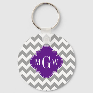 Porte-clés Gris Blanc Chevron Violet Quatrefoil 3 Monogramme
