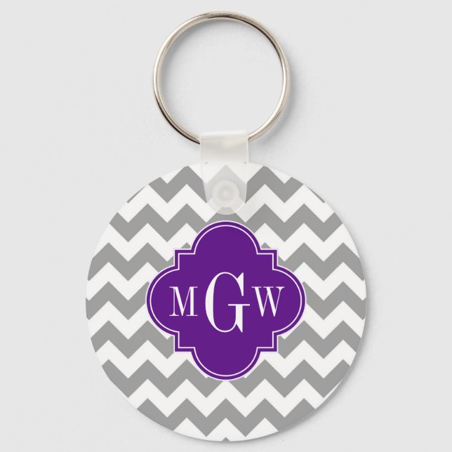 Porte-clés Gris Blanc Chevron Violet Quatrefoil 3 Monogramme (Recto)
