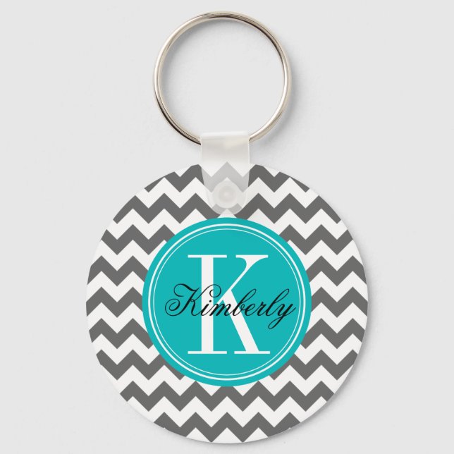 Porte-clés Gris Chevron avec Monogramme Turquoise (Recto)