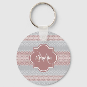 Porte-clés Gris chic et rose cinglé rayures et monogramme